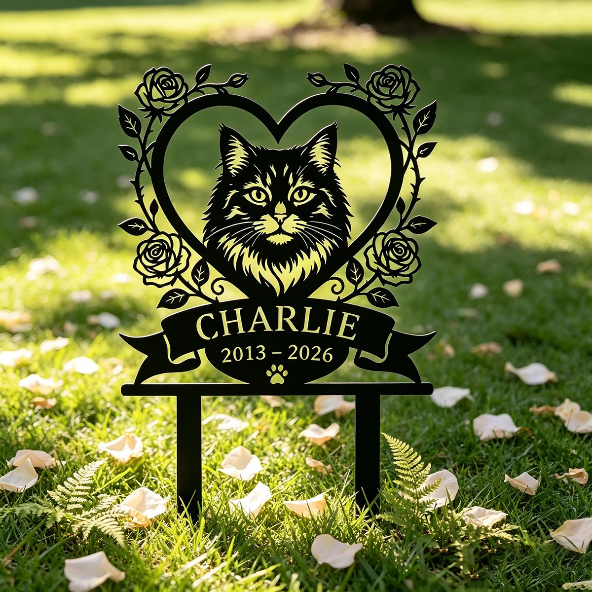 Cat Memorial Garden Sign, Custom Engraved Pet Headstone , Remembrance Gift for Cat Lover, Metal Porch Decor, Rose Heart Design