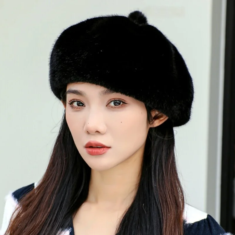 Women Mink Fur Fuzzy Beret Winter Warm Windproof Octagonal Cap Fashion Elegant Lady Morandi Color Scheme Beanie Painter's Hats