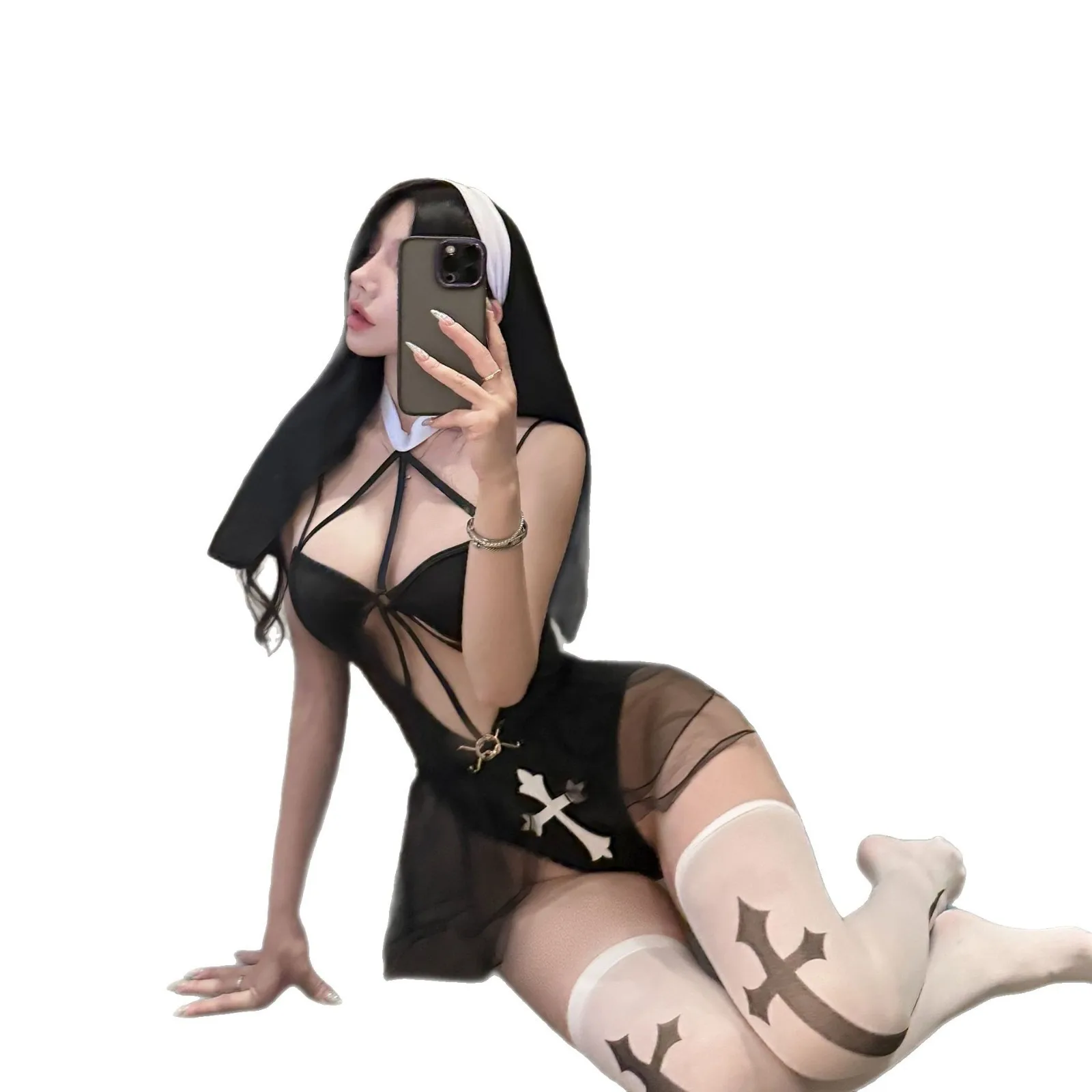 XXOO-Lencería Sexy de Anime para chica, uniforme de monja convento, mono cruzado, medias, trajes, disfraces de Halloween, Cosplay