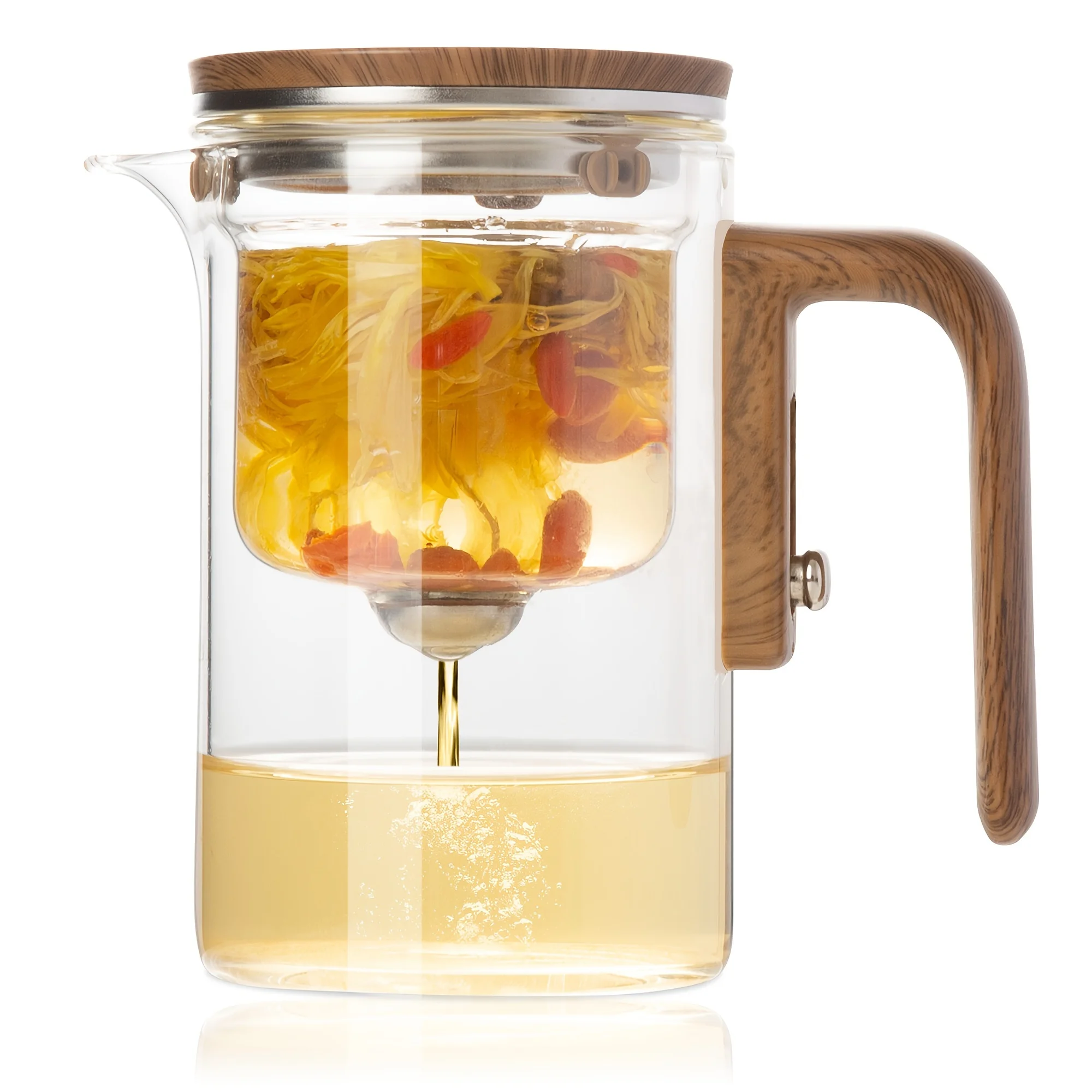 

Christmas Gifts For Men & Women - Water Separation Glass Teapot With Wooden Handle, Glass Teapot With Infuser And Strainer, Clear Teapot, EnchantiPot
