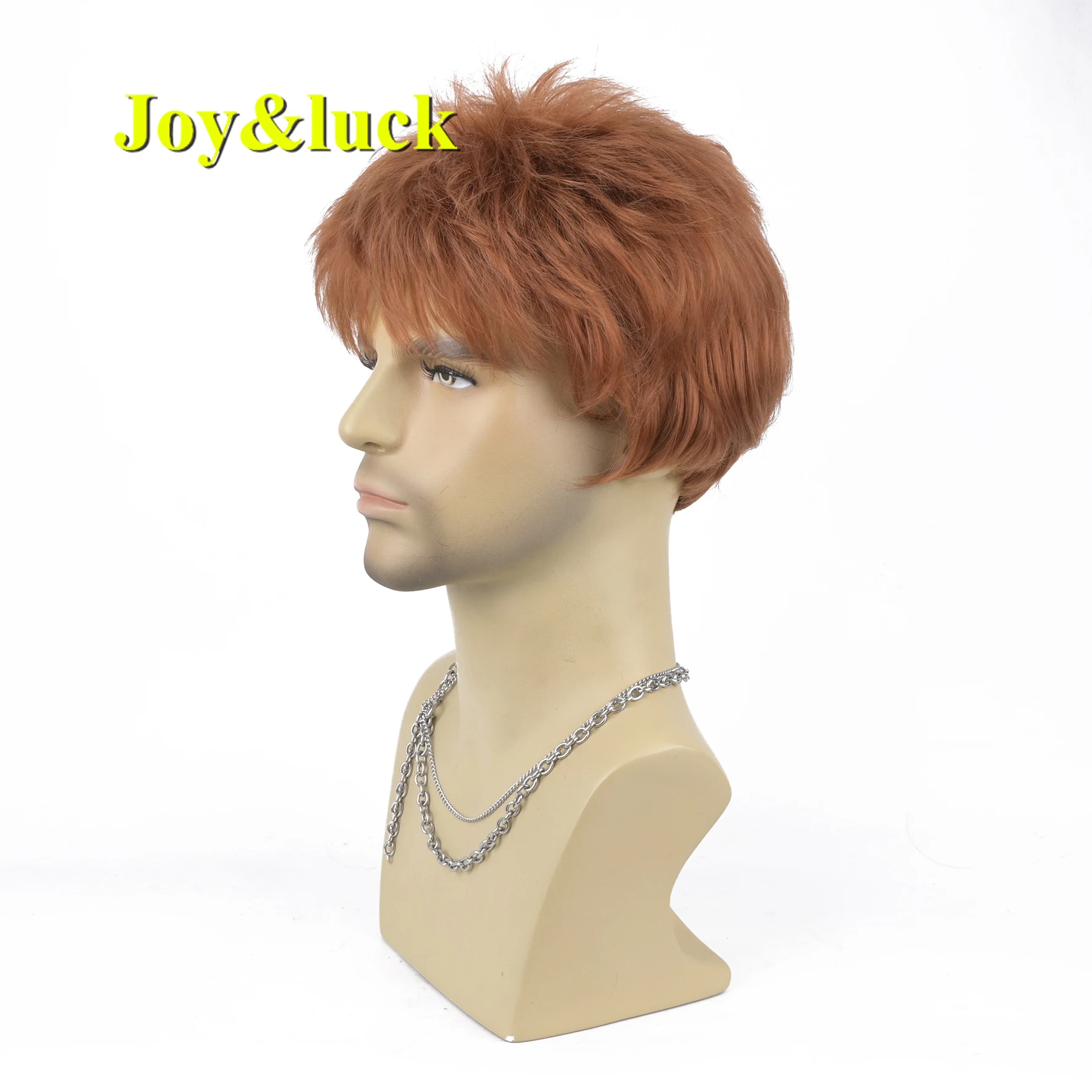 Men Orange Brown Fluffy Short Wig Synthetic Heat Resistant Layered Hair Wigs For Male Daily Wear Anime Cosplay Halloween Party F