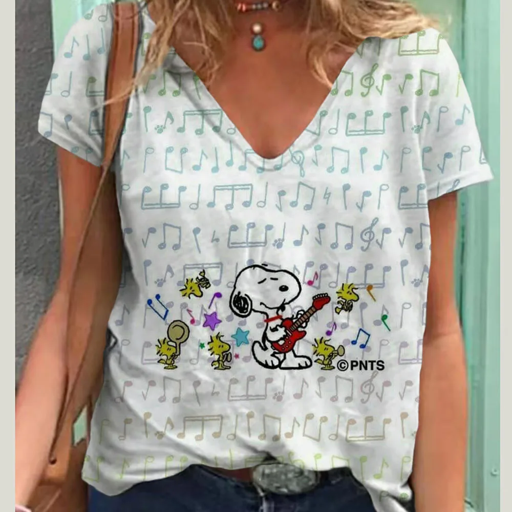 Women's T-shirt Harajuku Clothes Tops Snoopy cartoon print Tees V-neck Oversized Pullover Short Sleeve Blouse Loose Sweatshirt