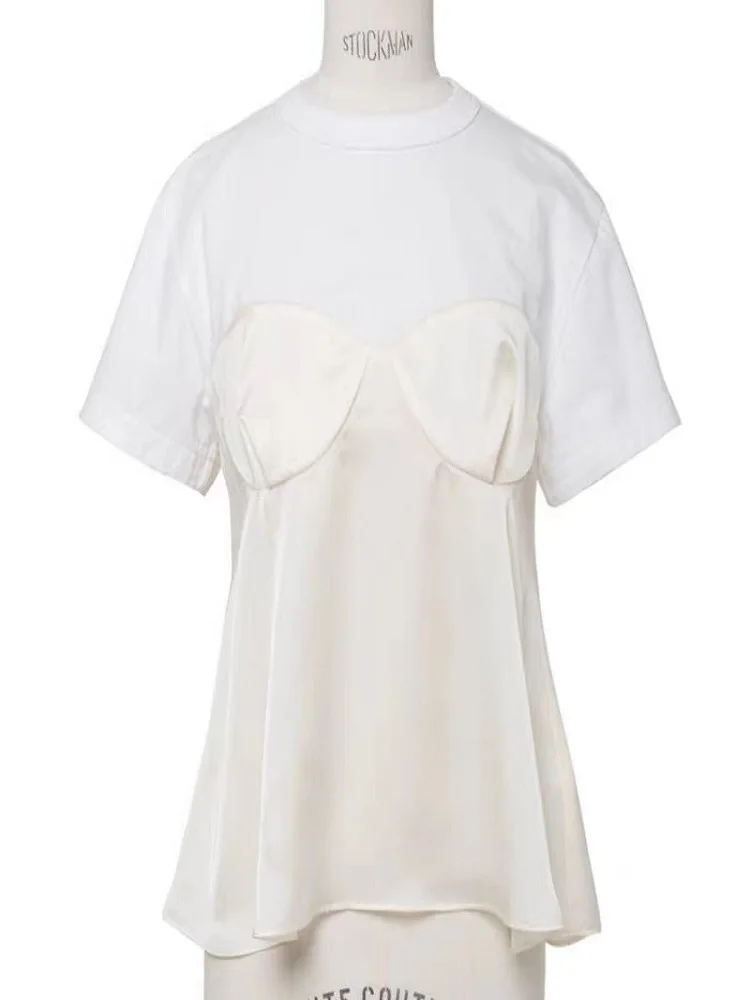 Casual Loose ort Sve T-irt Women's Patchwork Design Cotton Blend Summer Top FOG SACAI SS24 Commute Sle round Ne