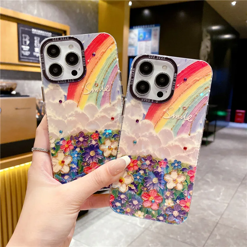 Rainbow flower sea oil painting iphone14ProMax flash diamond mobile phone case Apple 15 luxury anti-fall protective cover suitab