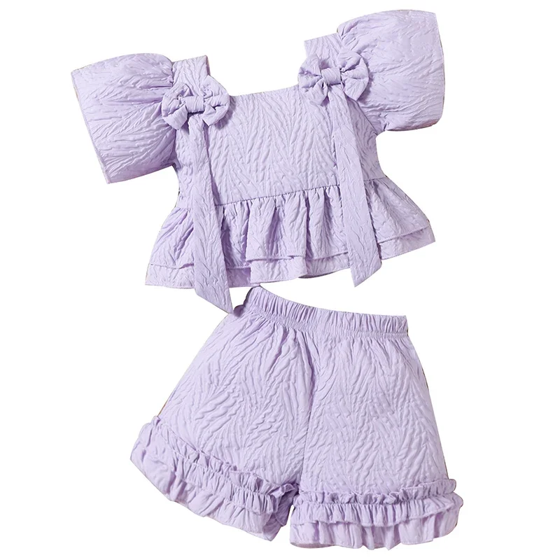 

2Piece 2025 Summer Girls Outfit Sets Korean Fashion Cute Bow Short Sleeve Cotton Baby Tops+Shorts Boutique Kids Clothing BC392