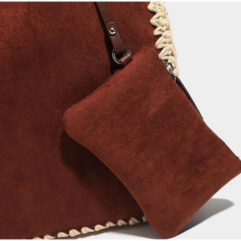 Vintage-Umhängetasche aus Kunstwildleder mit passendem Portemonnaie, Damenhandtasche mit Häkelspitzenbesatz, elegante Colorblock-Tragetasche für Herbst und Winter – Detail 10