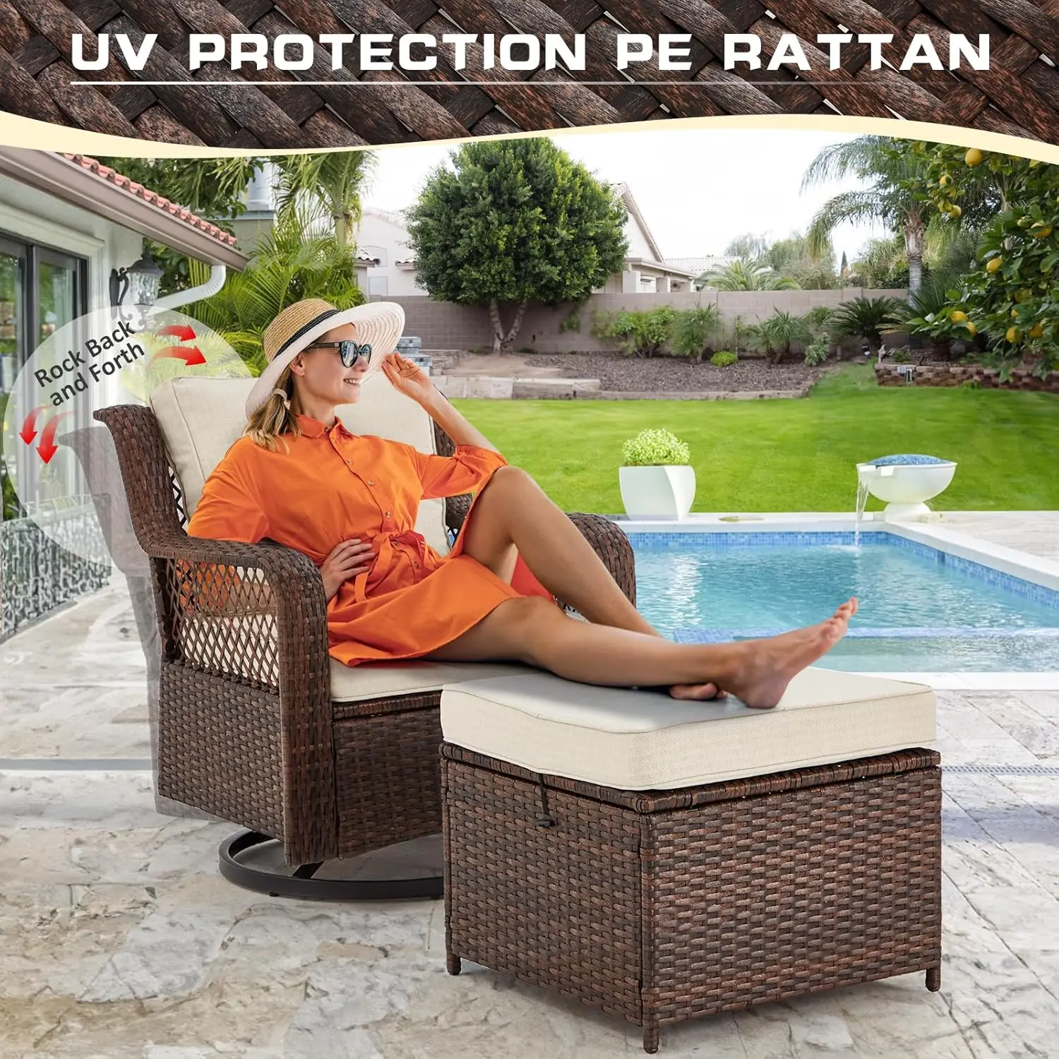 Outdoor Patio Furniture Set Wicker Sectional Couch Conversations Sets Rattan Sofa w/ 360° Swivel Rocking Chairs for Lawn Garden