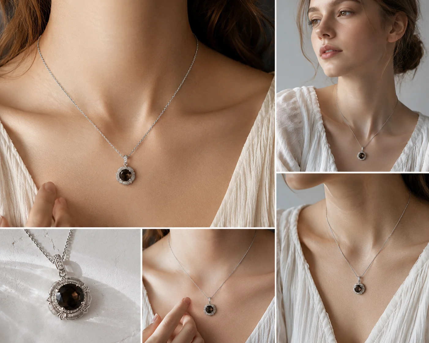 ITSMOS Natural Smoky Quartz Pendant Necklace Art Deco Brown Halo Pendant with Pavé Bail Antique Style Fine Jewelry for Women view 5