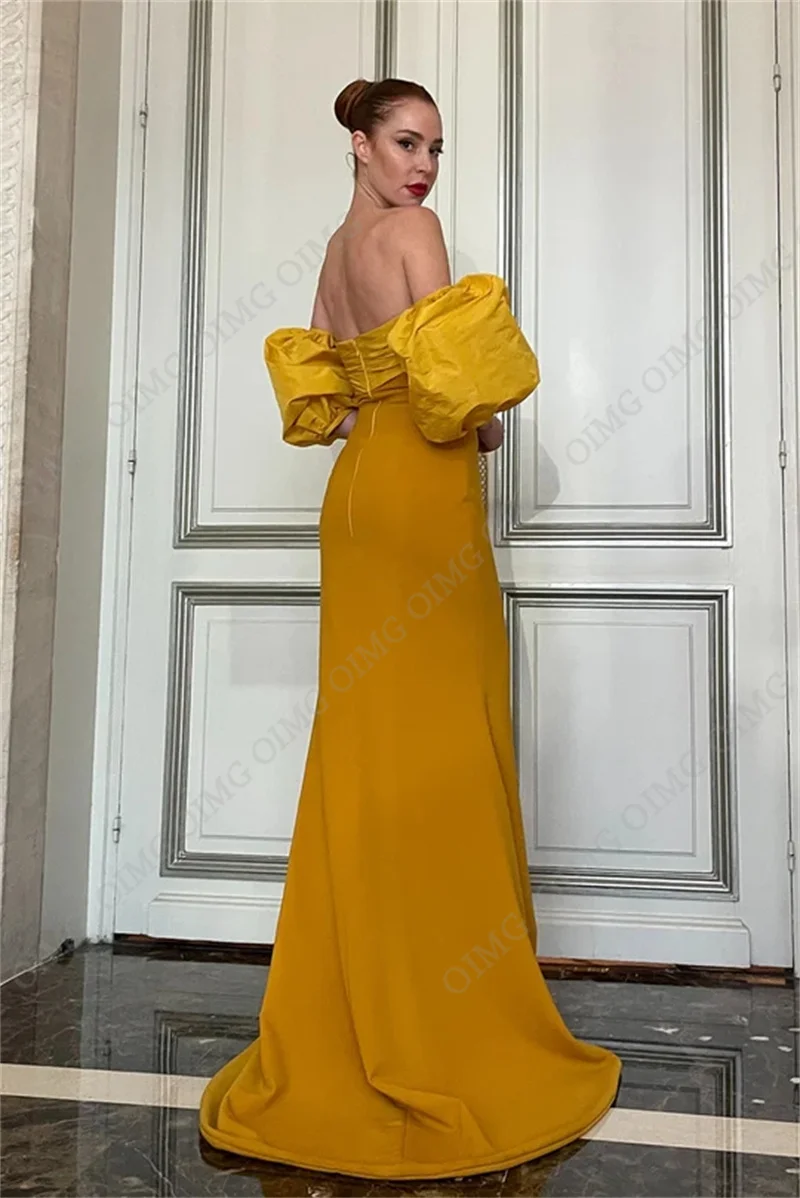 OIMG-vestido feminino de sereia de cetim elástico amarelo, vestidos de baile de manga curta, vestido formal, sexy e elegante, Dubai, 2023