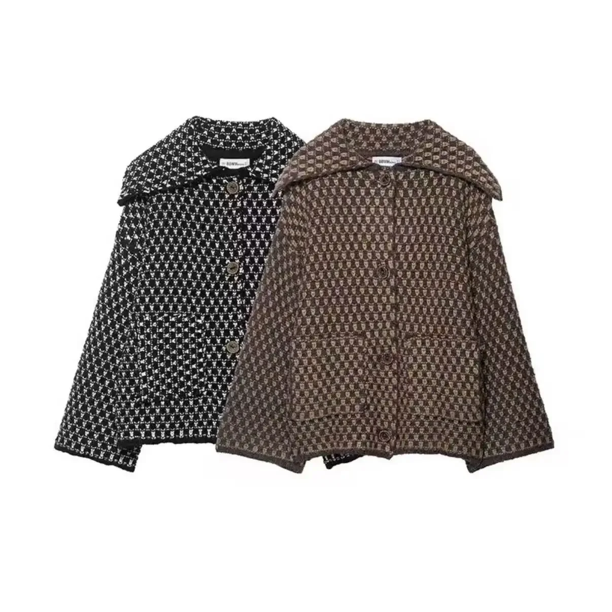 

Осенне-зимняя женская уличная куртка в клетку в стиле ретро с лацканами, свободная теплая вязаная верхняя одежда на пуговицах с длинными рукавами