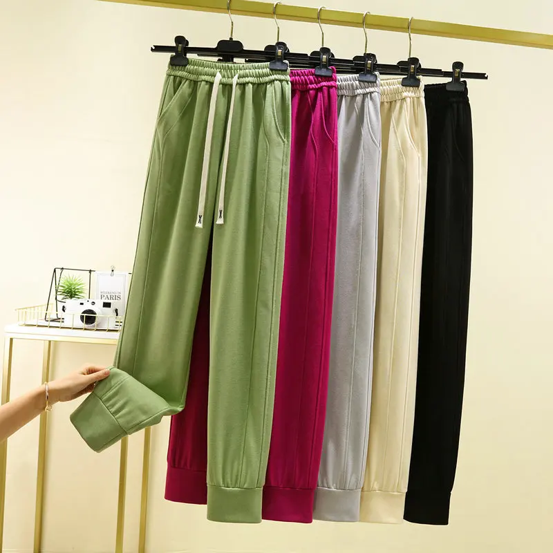 Spring Summer Windproof Pants High waist Casual trousers Ankle-tied Solid Color Straight slacks Loose Sweatpants