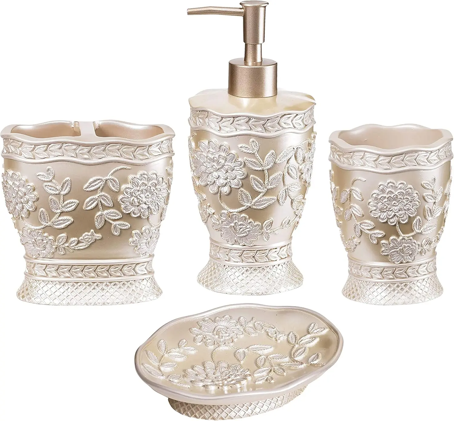 

4pc Rose Vine Bathroom Accessories Sets Lotion Pump, Tumbler, Tooth Brush Holder and Soap Dish Unique Design Beige B
