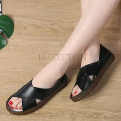 Plus Size 35-44 Genuine Leather Women Sandals Peep Toe Sandalia Feminina Fashion Summer Comfortable Oxford Shoes Women