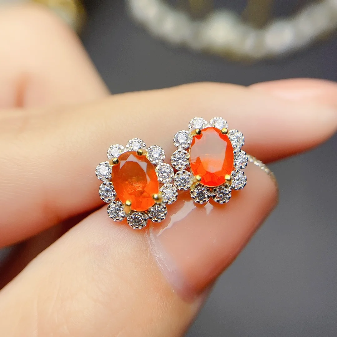 

925 Sterling Silver Mexican Fire Opal Stud Earrings Red Natural Opal AAA VVS Earth Mined Untreated