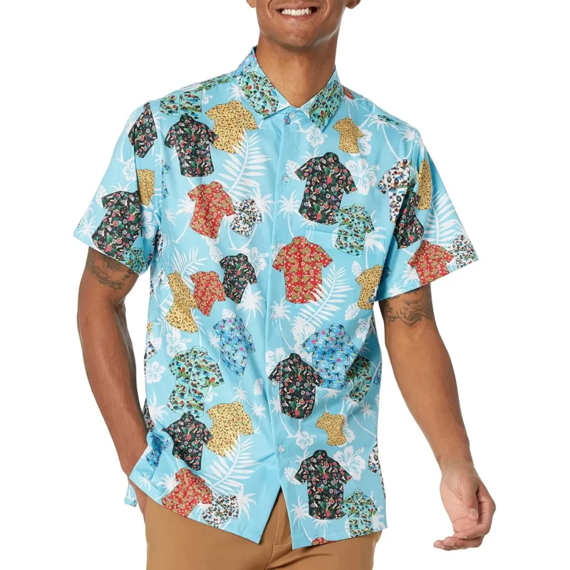 

Funny Hawaiian Men Shirt Guy Mugs Button Down Short Sleeve Neon Flamingo Print Novelty Tropical Style