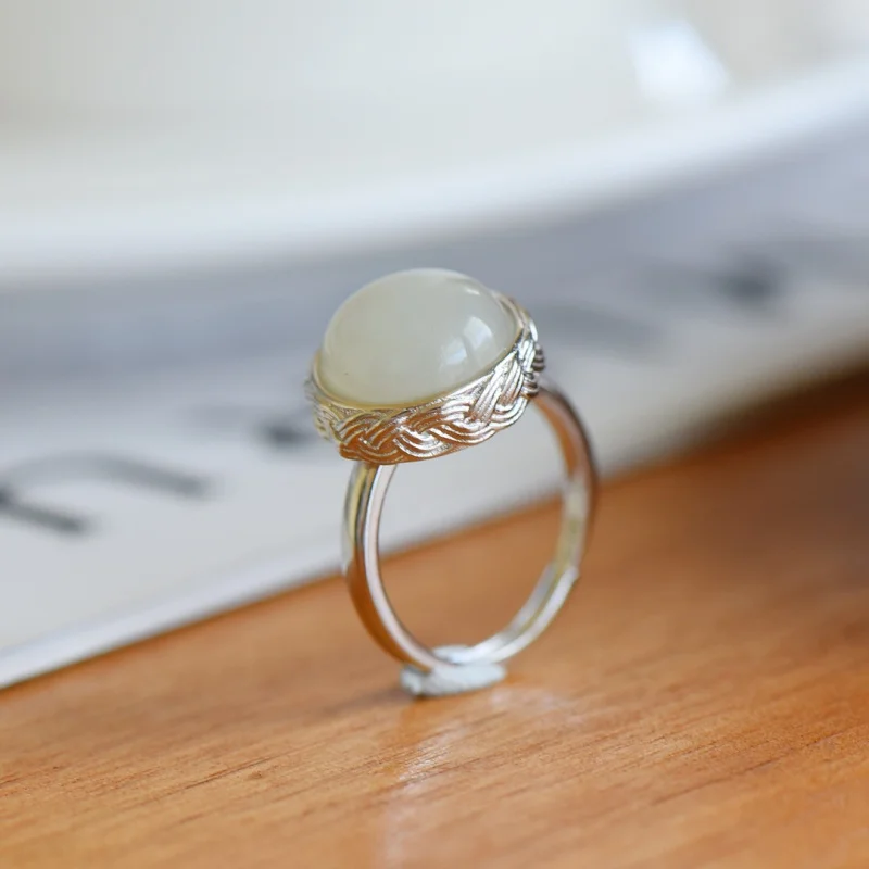 

S925 Silver Inlaid Natural Hetian White Surface Women Round Bead Jade Ring