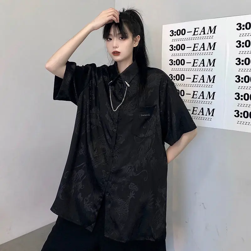 QWEEK Harajuku Blouse Women Vintage Streetwear Dragon Print White Shirt Oversized Short Sleeve Top Button Up Chinese Style Punk