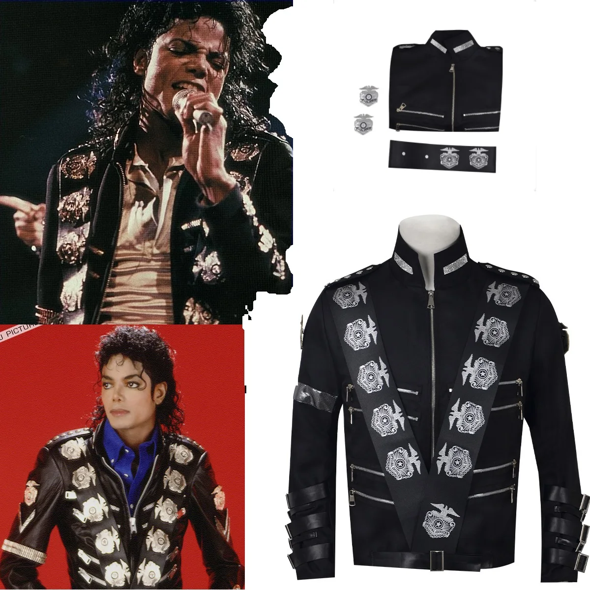 Michael Jackson BAD Tour Cosplay Jacket-Black Military Style Zipper Coat with Silver Badges&Belt, Halloween Stage Performance