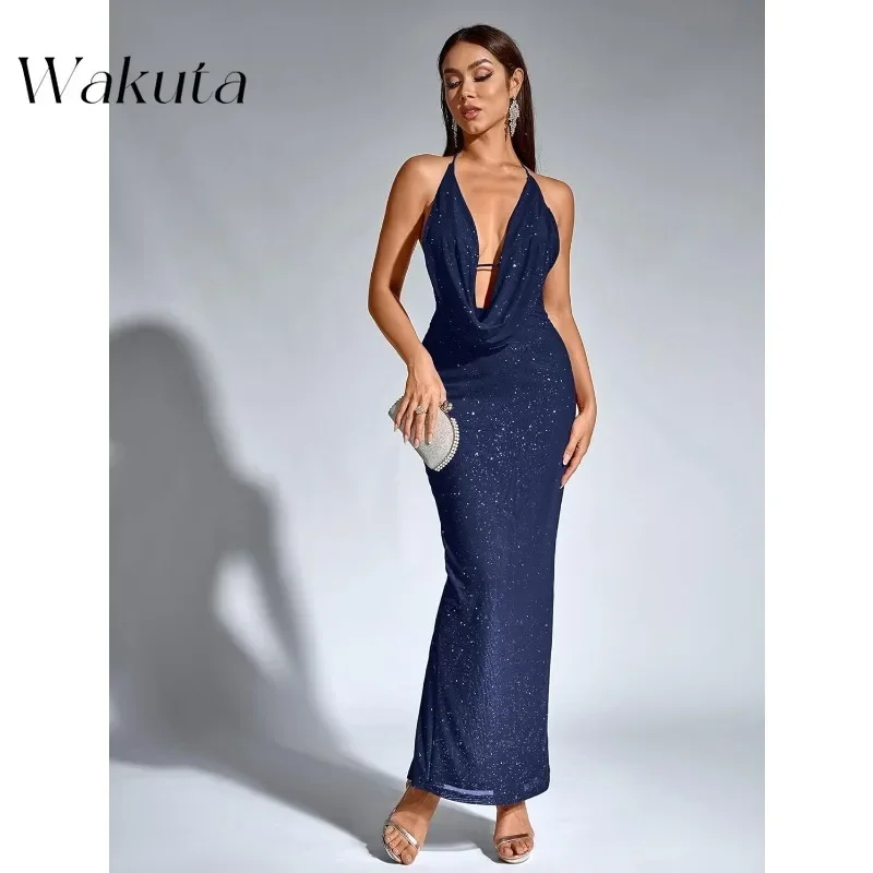 Wakuta Vintage mujeres Sexy lentejuelas ceñido al cuerpo Maxi Vestidos cuello pico espalda dividida Formal noche cóctel fiesta Vestidos largos De madrina