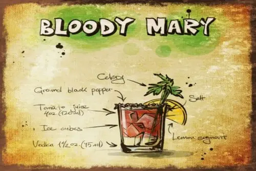 Menú de recetas de cóctel Bloody Mary, Retro de Estilo Vintage letrero de Metal, bar, pub, mancave