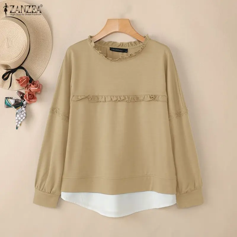 ZANZEA Women's Minimalist False 2-Pieces Sweatshirts Casual Ruffled Trim O-Neck Lace Patchwork Long Sleeve Pullovers Woman Tops