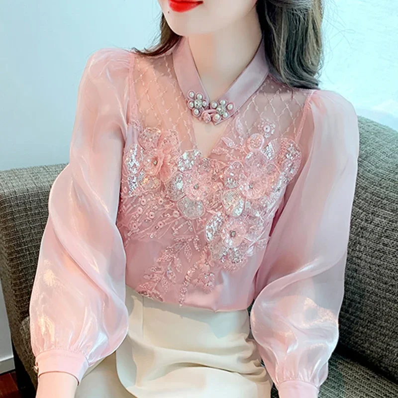 Beautiful Design Western Style Small Shirt 2024 Spring and Autumn New Women's Long Sleeve Chiffon Shirt with Button Top