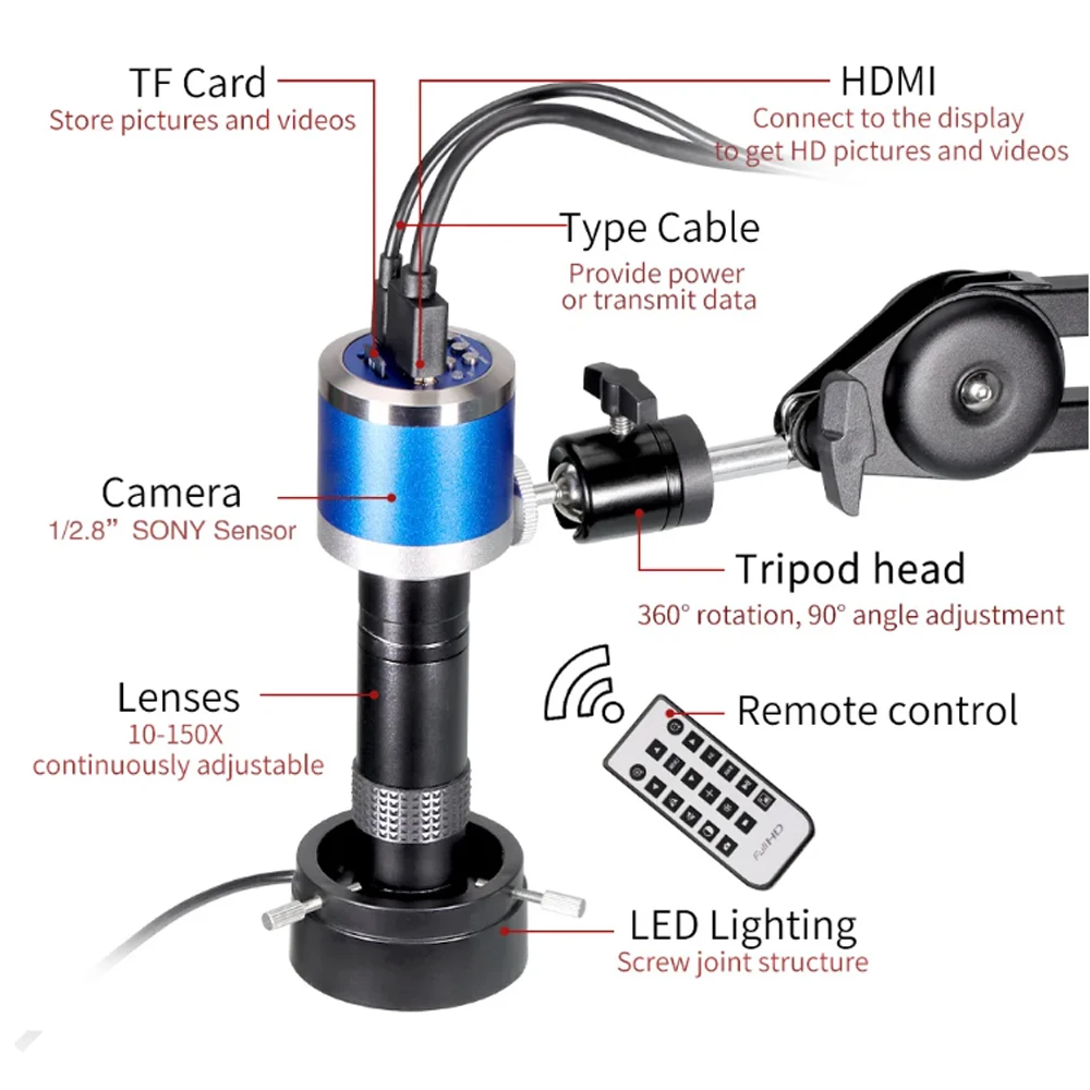 HD 4K SONY IMX415 Sensor Electronics Microscope Camera, HDMI USB Output, Software,1-150X C Mount Lens, 100CM Working Distance,