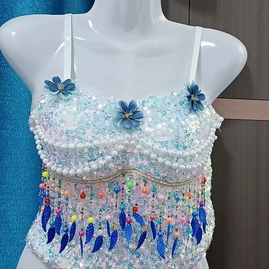 

2025 New Beaded Bra Tassel Backless Three-Dimensional Petals Heavy Duty Sequins Electric Festival Performance Clothing