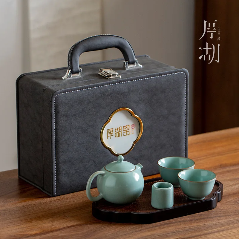 

Ru Kiln Tea Set One Pot and Two Cups, Simple Outdoor Travel Portable Express Cup Chinese-style Brewing Teapot Cover Bowl Teacup