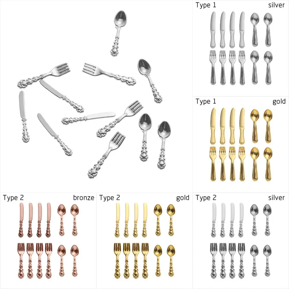 12PCS 1:12 Scale Toy Dollhouse Furniture Gold Silver Simulation Mini Cutlery Doll Accessory Fork Knife Spoon Miniature Cookware