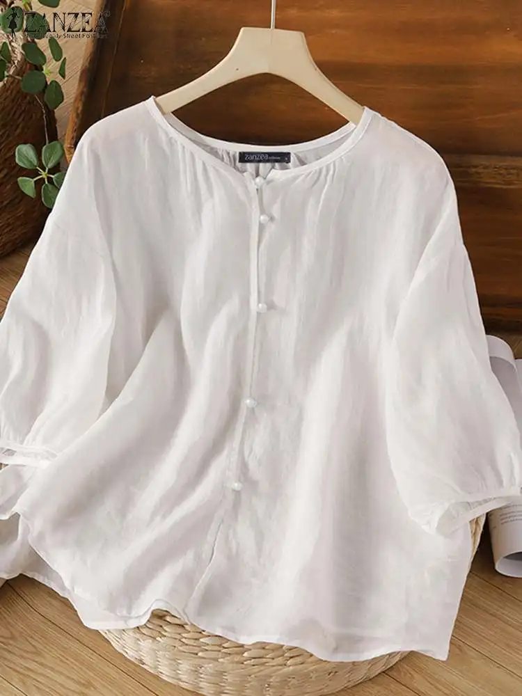 

ZANZEA Autumn 3/4 Lantern Sleeve Shirts Women Blouse Elegant Solid OL Work Tops O Neck Button Up Blusas Casual Loose Chemise