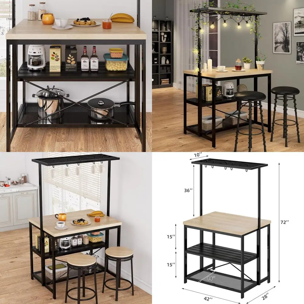 

43 Кухонный остров с 3-уровневым хранилищем, подставкой для микроволновой печи, металлическим журнальным столиком, органайзером для столовой