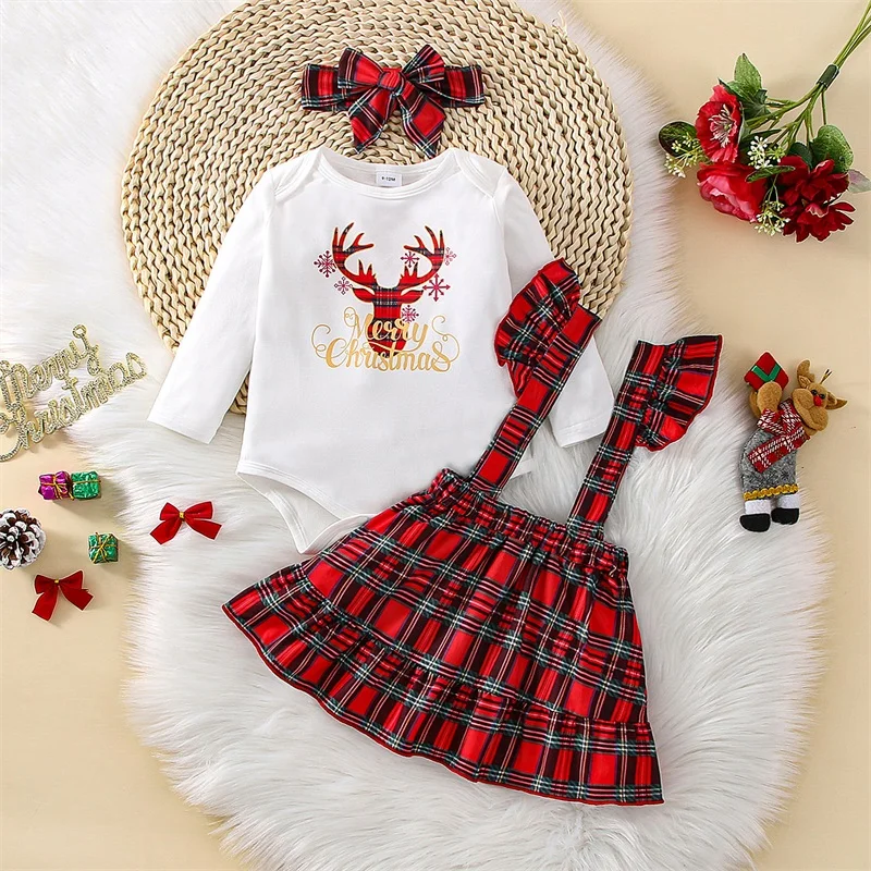 Toddler Baby's Clothes Girls Christmas Outfits Skirt Set Long Sleeve Elk Letters Print Romper Plaid Suspender Skirt Headband