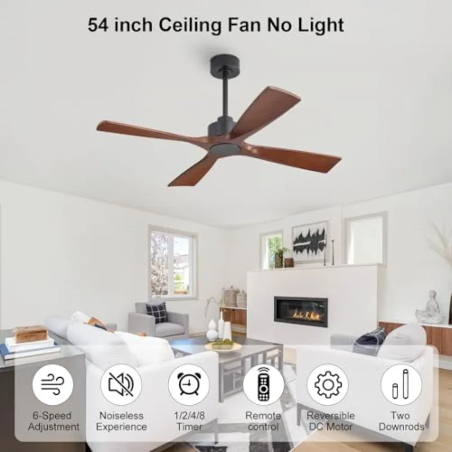 48 inch Ceiling Fan Without Lights for Bedroom/Indoor, Solid Wood Blades, Matte Black+Walnut, Reversible DC Motor, 4 Blades, 6-