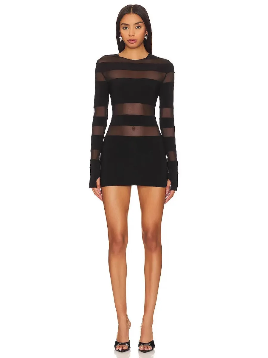 

Женское летнее облегающее платье 2026 года с длинным рукавом, прозрачное, черное, с круглым вырезом, элегантное, для вечеринок и клубов, в стиле знаменитостей