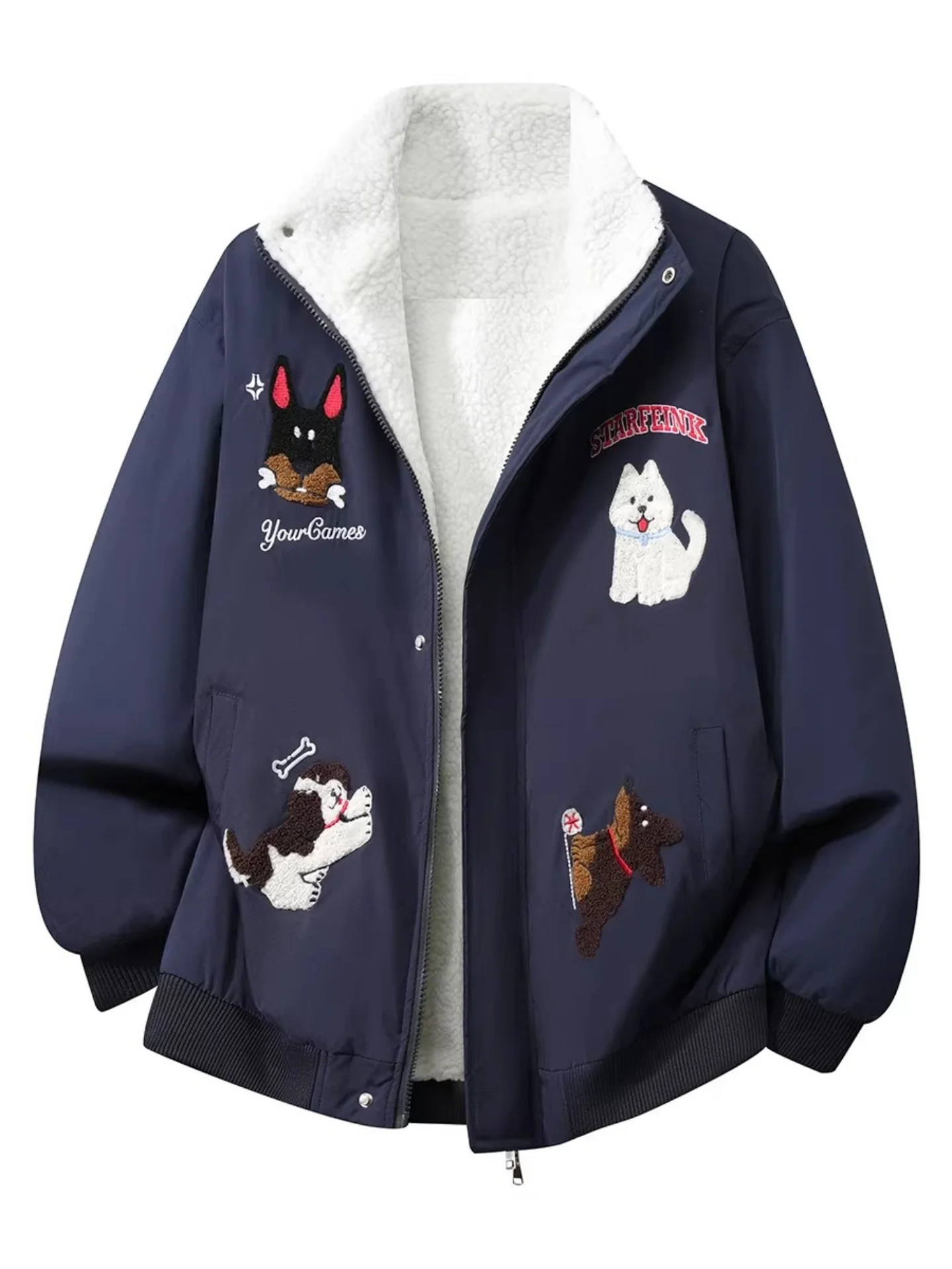 

Thiened American Sle Winter Jaet with Towel Embroidery Dog Cotton Clothes ex Warm Couple Workwear Jaet