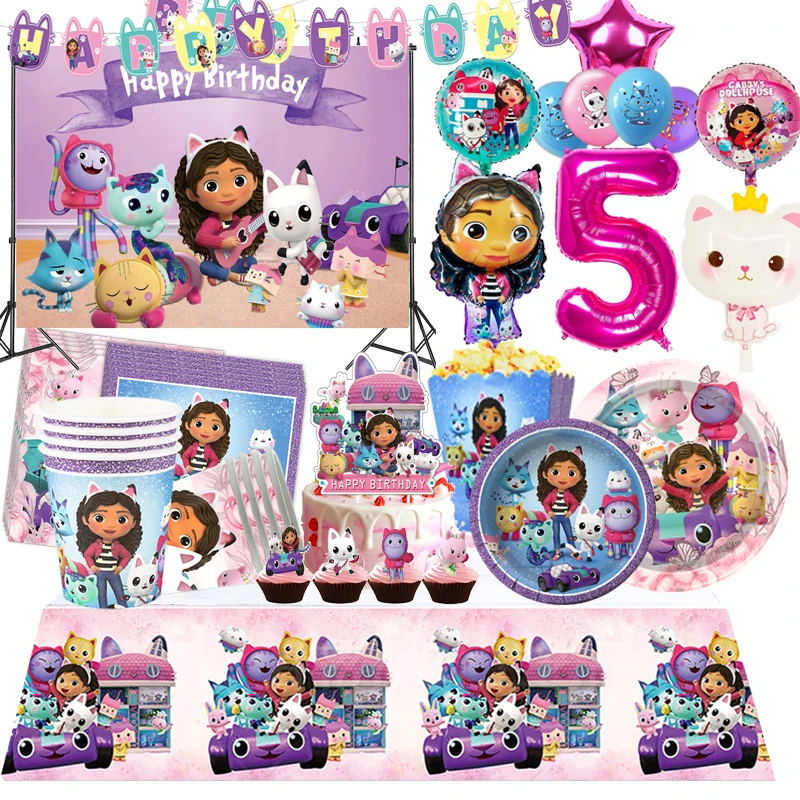 

Gabby Dollhouse Birthday Decoration Cartoon Girl Gabbys Party Supplies Disposable Tableware Stickers Plate Balloon