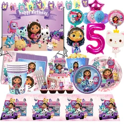 Gabby Dollhouse Birthday Decoration Cartoon Girl Gabbys Party Supplies Disposable Tableware Stickers Plate Balloon