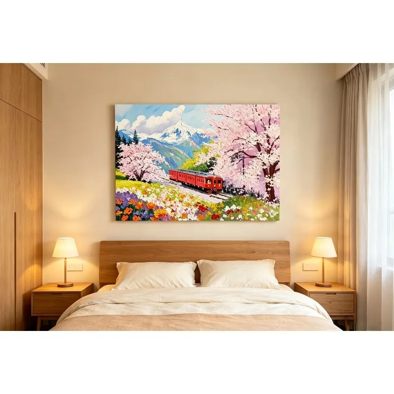 Cream Tone Mount Fuji Cherry Blossom Train Canvas Painting Romantic French Wall Decor for Living Room Entryway