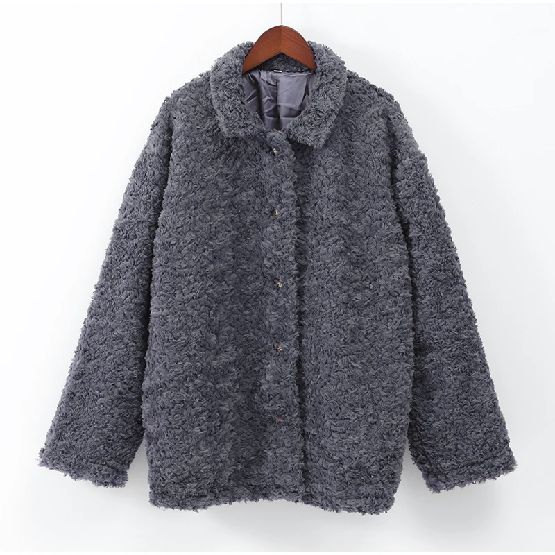 Elegant Grey Thicken Faux Fur V Neck Coat Women Fashion Long Sleeve Plush Warm Cardigan Jacket 2024 New Female High Streetwear