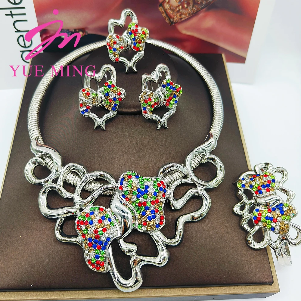 Colorful Zircon Jewelry Sets Exquisite Round Necklace Fashion Women Earrings Artificial Stone Cuff Bangles Ring Jewellery Gifts