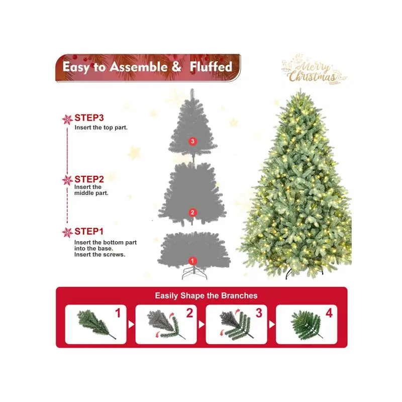 Artificial 8ft Blue Green Christmas Tree with 3308 Mixed Branch Tips, 900 Warm White LEDs, Hinged Base for Indoor Holiday Decor