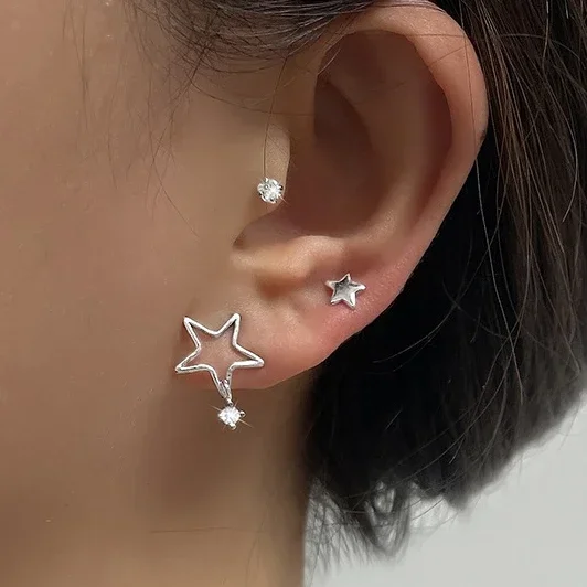 MEETSOFT 925 Silver Asymmetric Hollow Zircon Star Stud Earrings for Women Light Luxury Fine Jewelry Minimalist Accessories