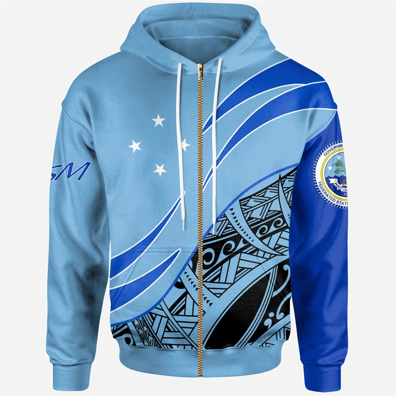 Federated States Of Micronesia Flag Map 3D Print Zip Up Hoodies For Men Clothes FSM National Emblem Zipper Hoodie Casual Boy Top