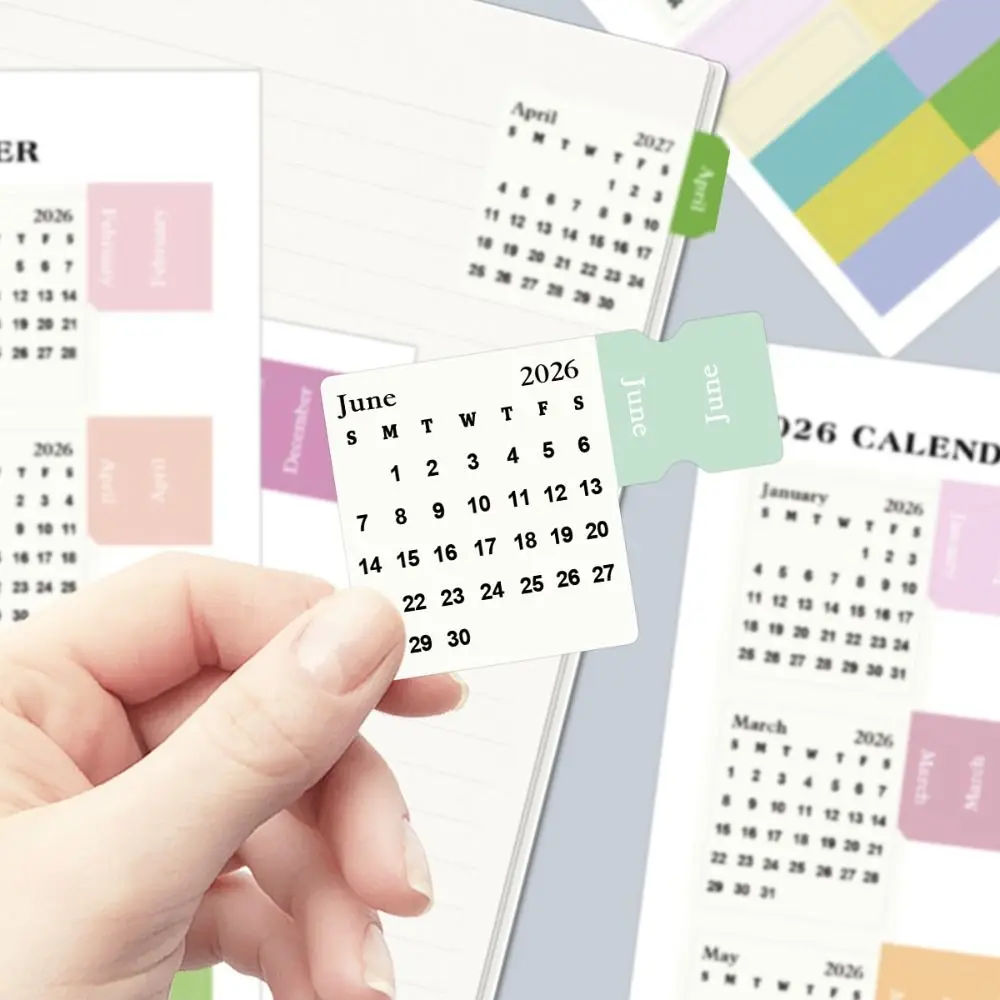 Diy Scrapbook 2026 Calendar Stickers Self-adhesive Cartoon Monthly Planner Stickers Simple 2 Sheets Divider Index Tabs