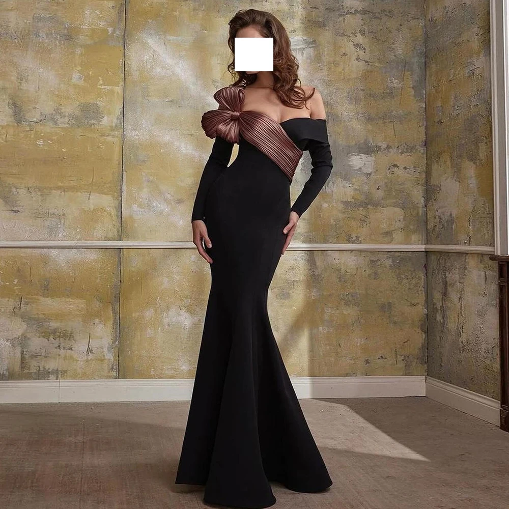 Customized Temperament Jersey Mermaid Off the Shoulder Evening Dress Modern Strapless Long Sleeves Floor Length Celebrity Gowns