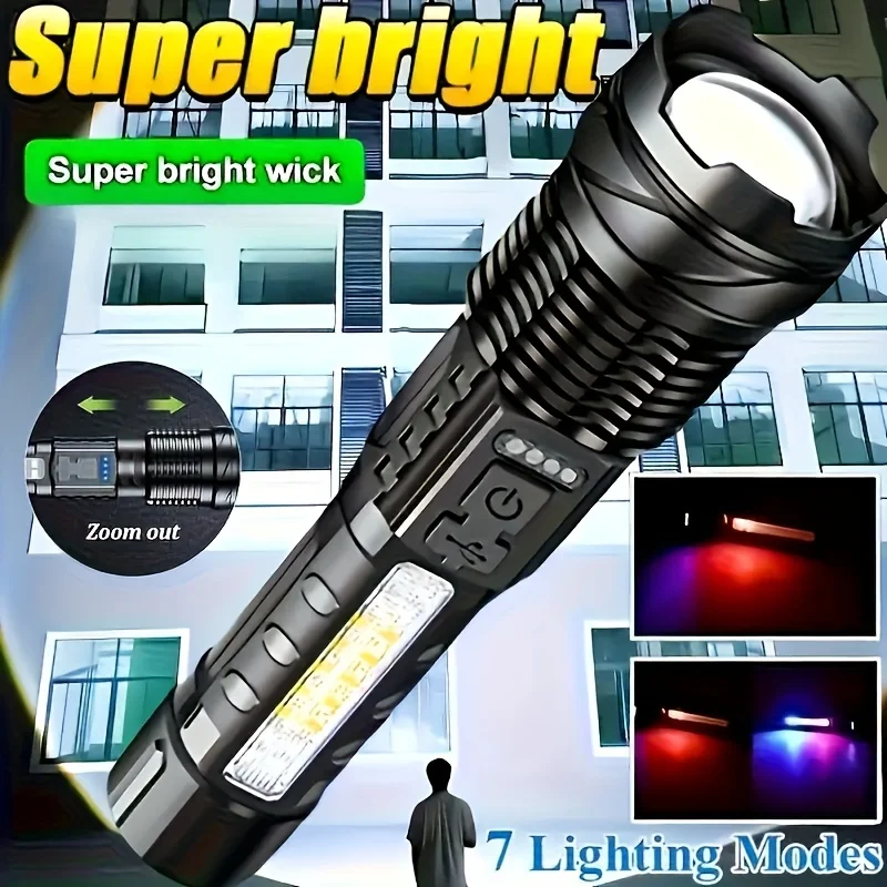 EDC Ultra-Bright LED Flashlight Al alloy P50 Beads 1200mAh 7 Lighting Modes Zoomable Portable Flood Light for Outdoor Camping