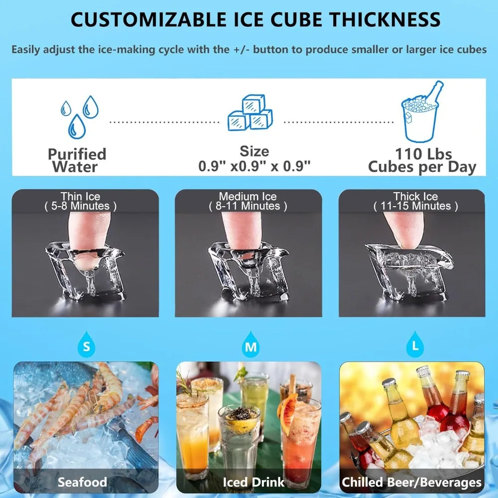 เครื่องทําน้ําแข็งเชิงพาณิชย์เครื่อง 110LBS/24H, 33LBS Bin, ประหยัดพลังงาน & Quiet 220W Ice Cube Maker พร้อมแผง LCD, ตัวจับเวลา