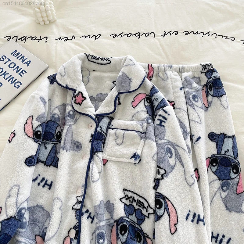 Disney Stitch Schattige Pluche Dikke Koraal Pluche Nachtkleding Voor Vrouwen Herfst Winter Nieuw Thuis Pjs Slaapset Vest Pijama Dame