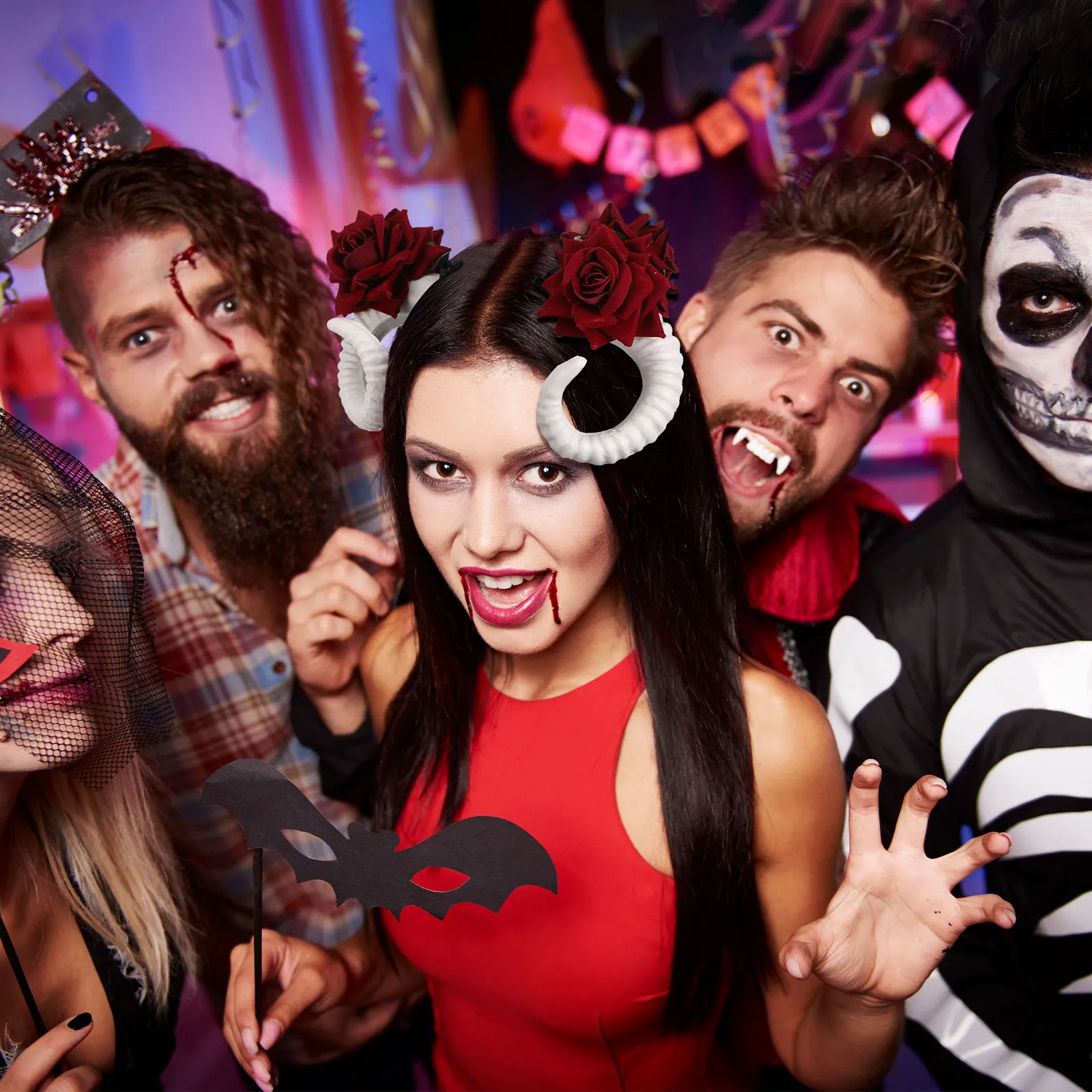 

A Pair Sheep Horns Hairclip Rose Flower Design Artificial Horns Hairpin Unique Headband for Day of The Dead Easter Halloween